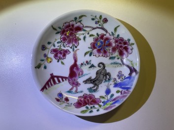 Eight Chinese famille rose and verte cups and saucers, Kangxi/Qianlong